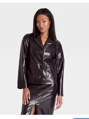 Faux Leather Button-Front Jacket in Deep Plum